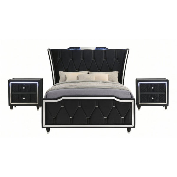 English Elm Provence Queen Wingback Bed Set Velvet Tufted Headboard LED Lighting Nightstands B2777S00184