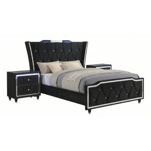 English Elm Provence Queen Wingback Bed Set Velvet Tufted Headboard LED Lighting Nightstands B2777S00184
