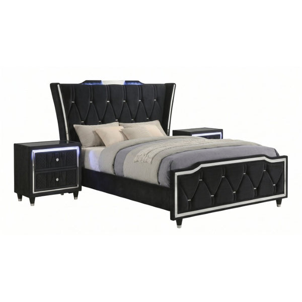 English Elm Provence Queen Wingback Bed Set Velvet Tufted Headboard LED Lighting Nightstands B2777S00184