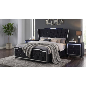 English Elm Provence Velvet Tufted Eastern King Bedroom Set with LED Lighting and Crystal Knobs B2777S00185
