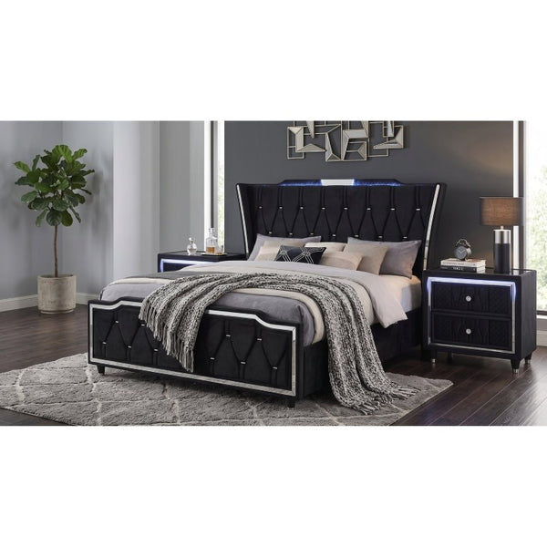 English Elm Provence Velvet Tufted Eastern King Bedroom Set with LED Lighting and Crystal Knobs B2777S00185