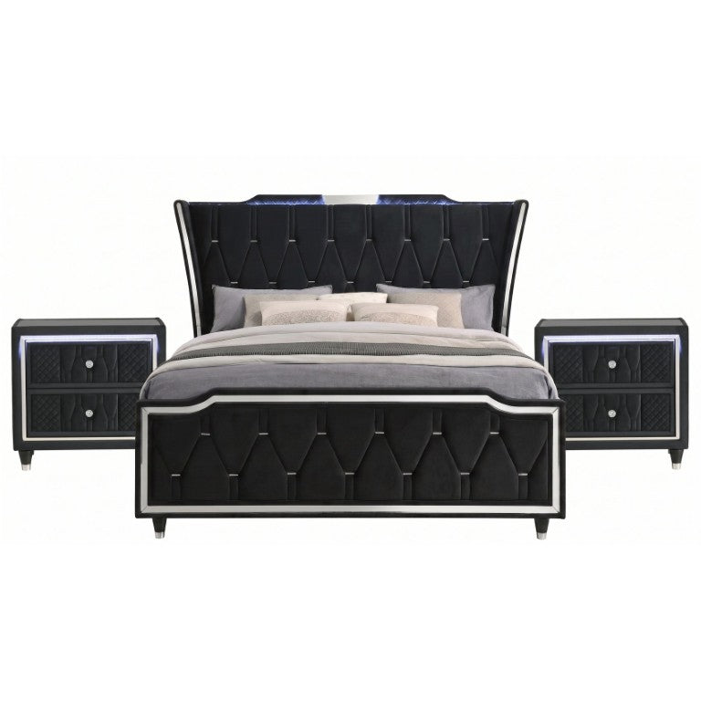 English Elm Provence Velvet Tufted Eastern King Bedroom Set with LED Lighting and Crystal Knobs B2777S00185