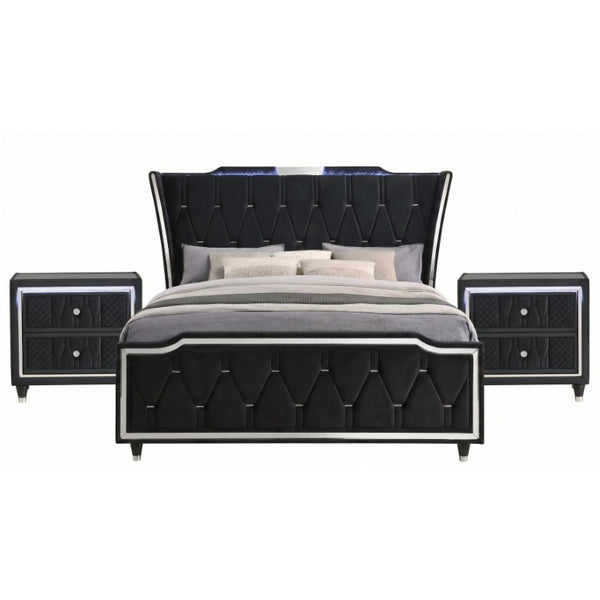 English Elm Provence Velvet Tufted Eastern King Bedroom Set with LED Lighting and Crystal Knobs B2777S00185