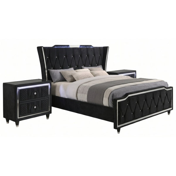 English Elm Provence Velvet Tufted Eastern King Bedroom Set with LED Lighting and Crystal Knobs B2777S00185