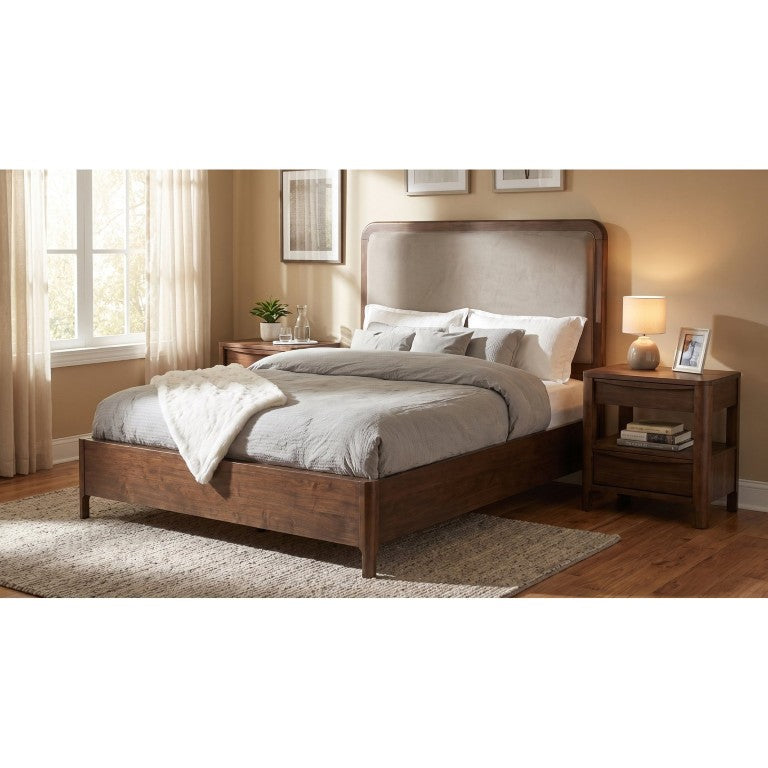 English Elm Santorini Walnut Veneer Eastern King Bedroom Set with Upholstered Headboard Nightstands B2777S00190