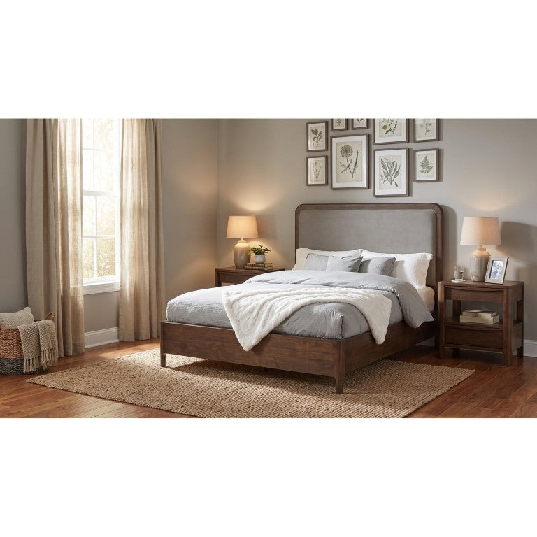 English Elm Santorini Walnut Veneer Eastern King Bedroom Set with Upholstered Headboard Nightstands B2777S00190