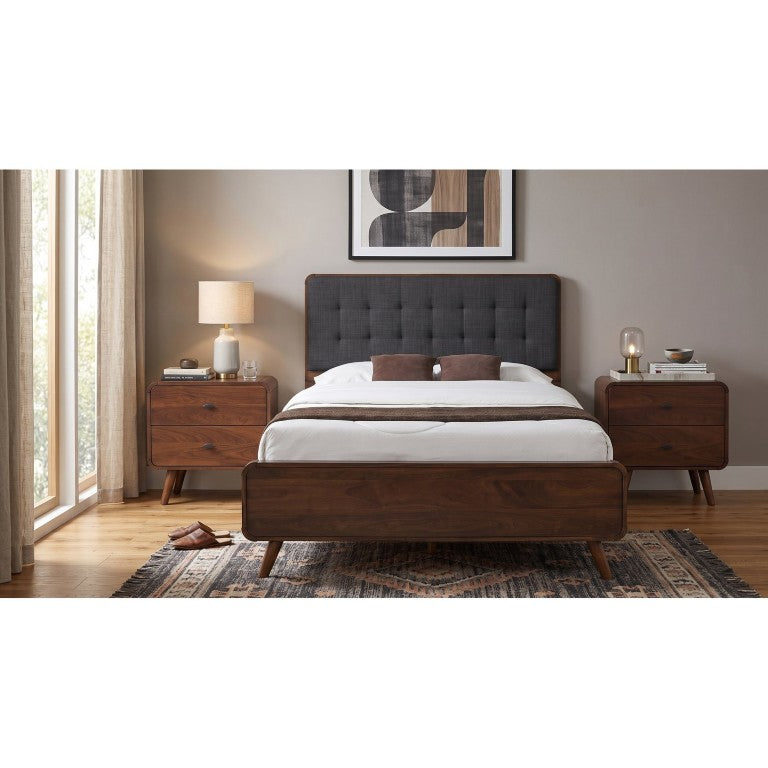 English Elm Wren Mid-Century Queen Bedroom Set with Tufted Headboard and Walnut Nightstands B2777S00215