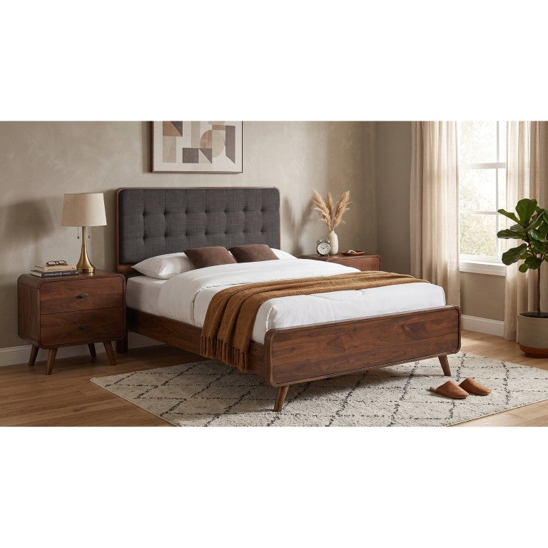 English Elm Wren Mid-Century Queen Bedroom Set with Tufted Headboard and Walnut Nightstands B2777S00215