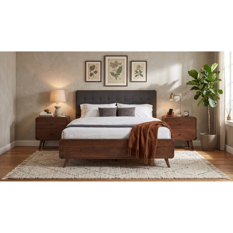 English Elm Wren Dark Walnut King Bedroom Set with Square Tufted Headboard and USB Nightstands B2777S00216