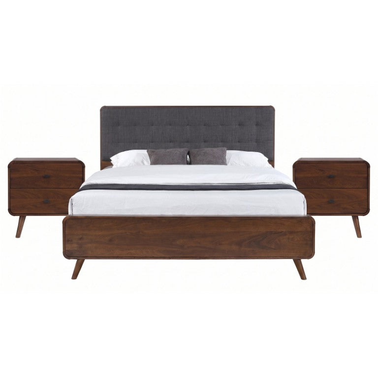 English Elm Wren Dark Walnut King Bedroom Set with Square Tufted Headboard and USB Nightstands B2777S00216