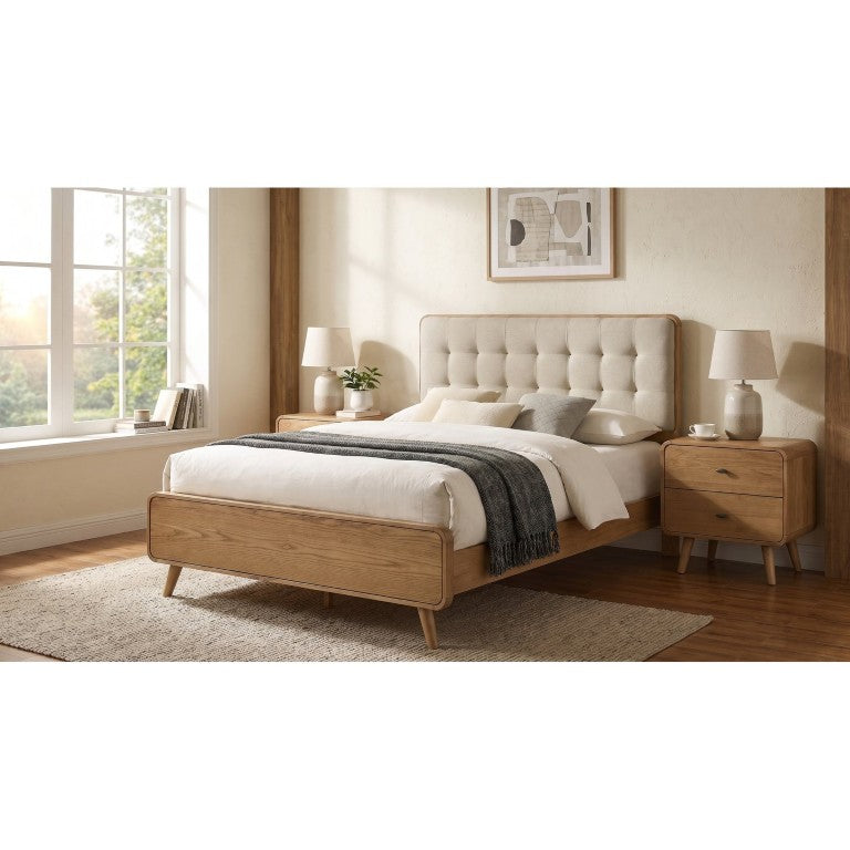 English Elm Wren Light Ash Platform Bedroom Set Mid-Century Tufted Headboard with USB Nightstands Queen B2777S00217