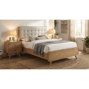 English Elm Wren Light Ash Platform Bedroom Set Mid-Century Tufted Headboard with USB Nightstands Queen B2777S00217