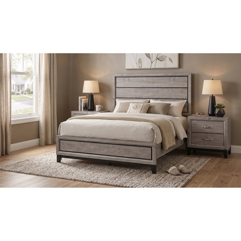 English Elm Sutter Queen Panel Bed Set with Groove Detailing Nightstands in Warm Taupe Finish B2777S00219