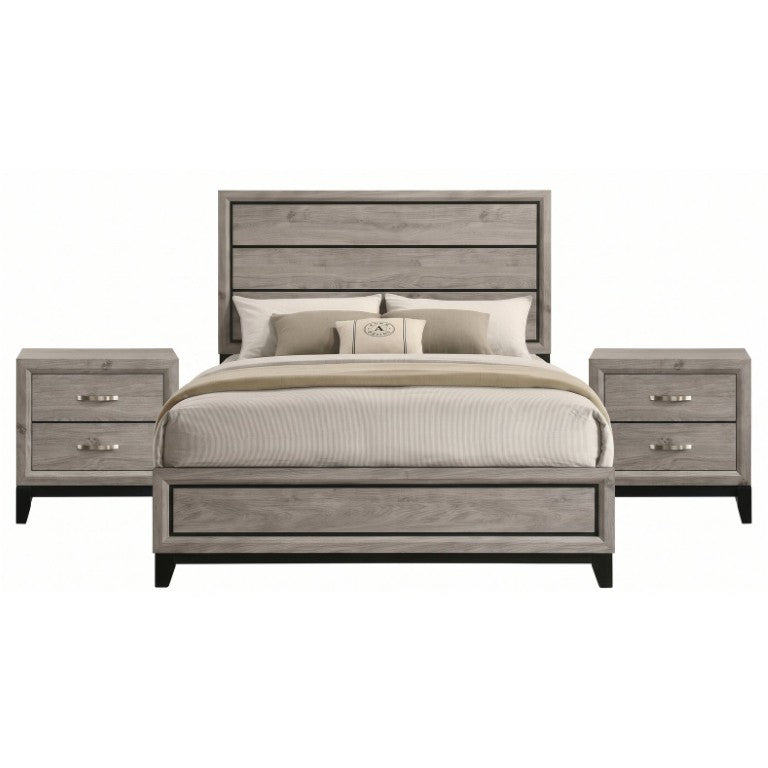 English Elm Sutter Queen Panel Bed Set with Groove Detailing Nightstands in Warm Taupe Finish B2777S00219