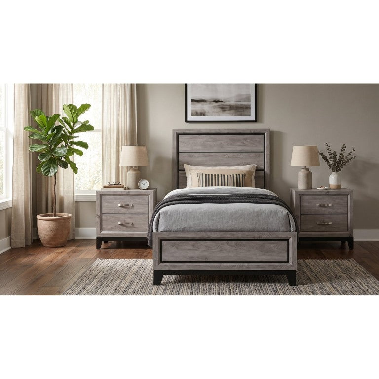 English Elm Sutter Twin Panel Bed Set with Grooved Headboard and Matching Nightstands in Taupe B2777S00222