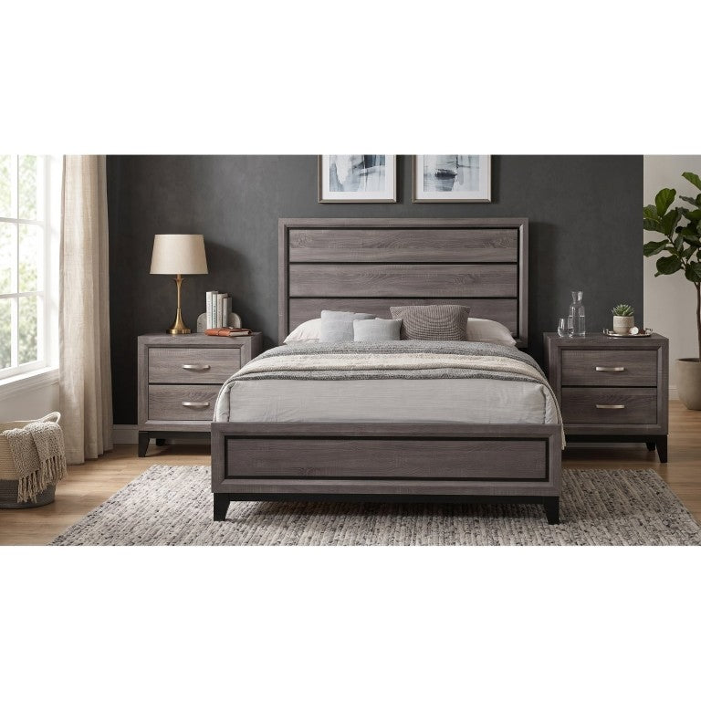English Elm Sutter Grey Oak Queen Bedroom Set with Groove Detail Panel Bed and Nightstands B2777S00223