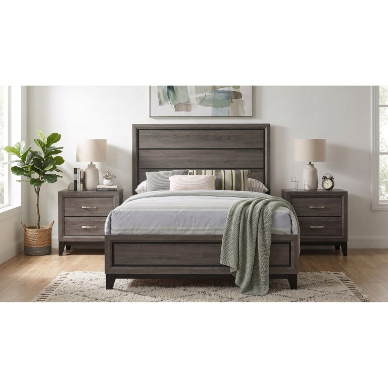 English Elm Sutter Grey Oak Full Panel Bed Set with Groove Detail and Two Coordinating Nightstands B2777S00225