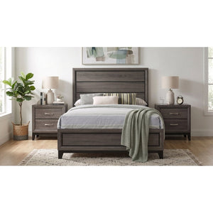 English Elm Sutter Grey Oak Full Panel Bed Set with Groove Detail and Two Coordinating Nightstands B2777S00225