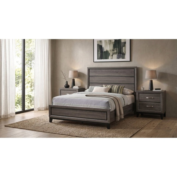 English Elm Sutter Grey Oak Full Panel Bed Set with Groove Detail and Two Coordinating Nightstands B2777S00225