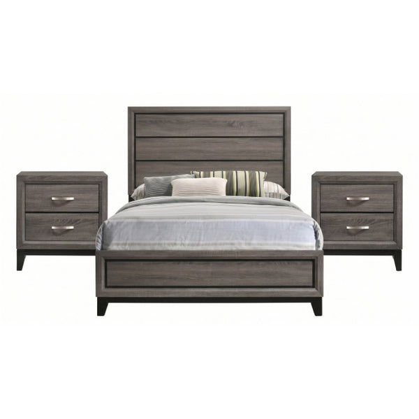 English Elm Sutter Grey Oak Full Panel Bed Set with Groove Detail and Two Coordinating Nightstands B2777S00225