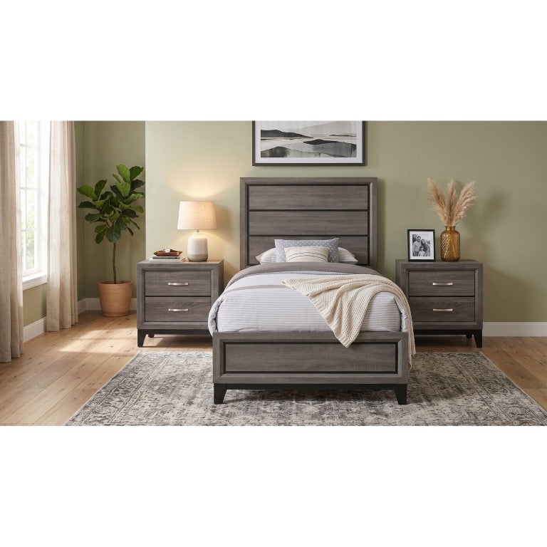 English Elm Sutter Grey Oak Twin Bedroom Set with Grooved Panel Bed and Two Nightstands B2777S00226