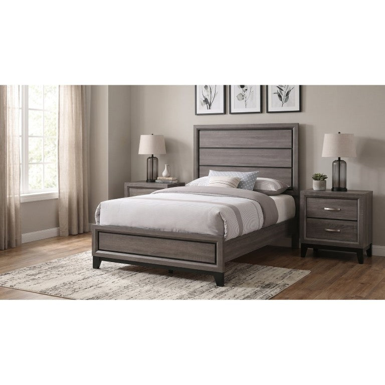English Elm Sutter Grey Oak Twin Bedroom Set with Grooved Panel Bed and Two Nightstands B2777S00226