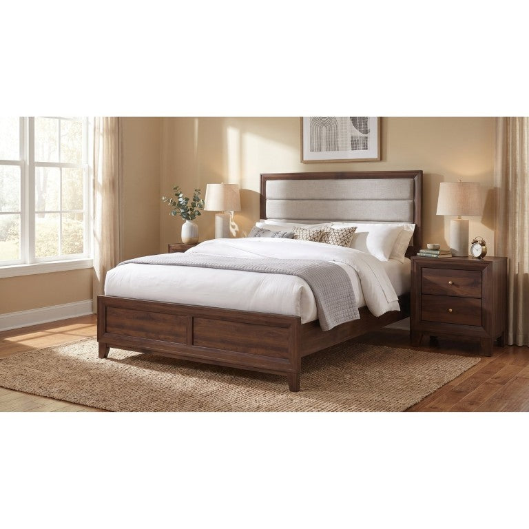 English Elm Ashworth Queen Bedroom Set Walnut Veneer Upholstered Headboard with Gold Knob Nightstands B2777S00227