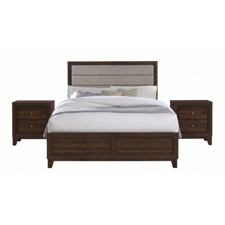English Elm Ashworth Queen Bedroom Set Walnut Veneer Upholstered Headboard with Gold Knob Nightstands B2777S00227