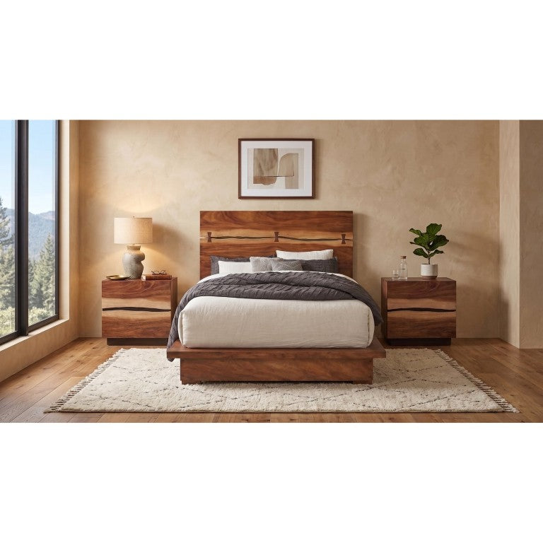 English Elm Ashcombe Smokey Walnut Platform Bed Set with Live Edge Headboard and Bow Tie Inlays B2777S00230