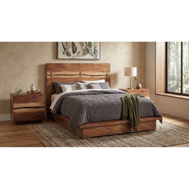 English Elm Ashcombe Smokey Walnut Platform Bed Set with Live Edge Headboard and Bow Tie Inlays B2777S00230