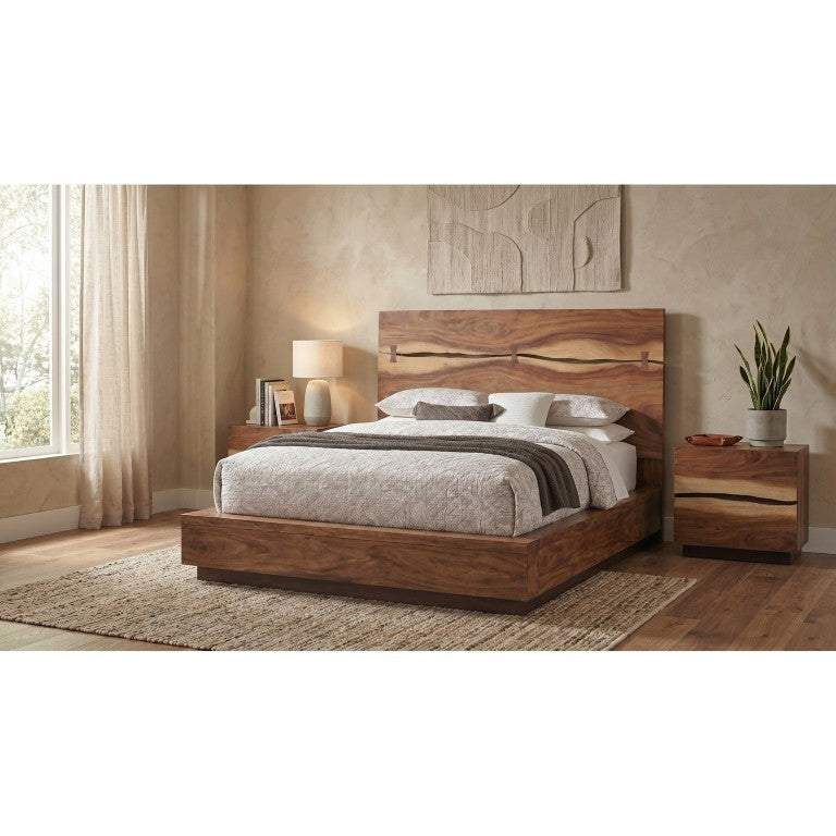 English Elm Ashcombe Smokey Walnut King Bedroom Set with Live Edge Bed and Storage Nightstands B2777S00232