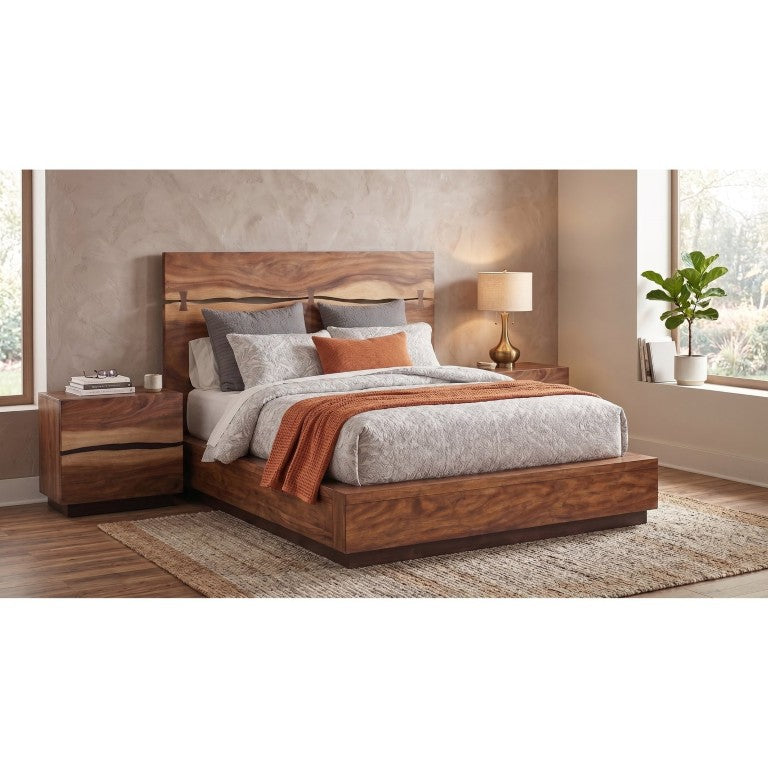 English Elm Ashcombe Smokey Walnut King Bedroom Set with Live Edge Bed and Storage Nightstands B2777S00232