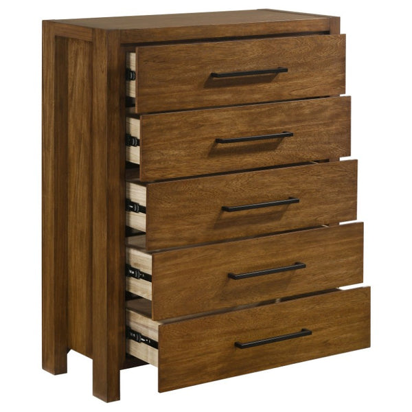 English Elm Ashcourt Modern Rustic Eastern King Bedroom Set with Upholstered Panel Bed and Brass Pulls B2777S00237
