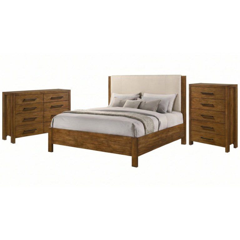 English Elm Ashcourt Modern Rustic Eastern King Bedroom Set with Upholstered Panel Bed and Brass Pulls B2777S00237