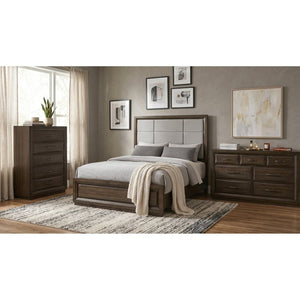 English Elm Meridian Transitional Queen Bedroom Set with Upholstered Bed Dresser and Oak Finish B2777S00238