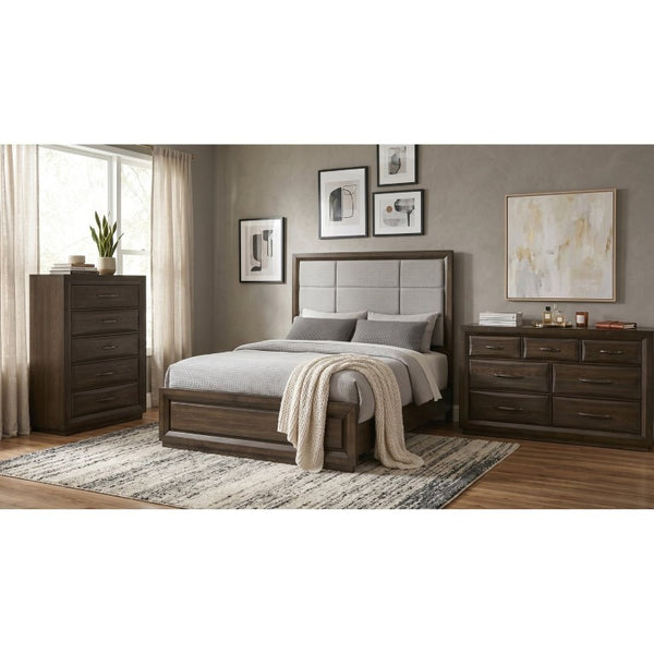 English Elm Meridian Transitional Queen Bedroom Set with Upholstered Bed Dresser and Oak Finish B2777S00238