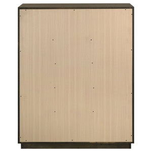 English Elm Meridian Transitional Queen Bedroom Set with Upholstered Bed Dresser and Oak Finish B2777S00238