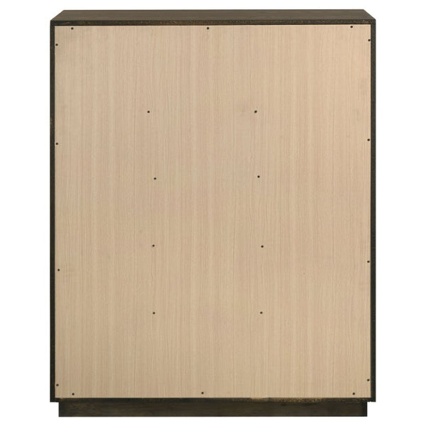 English Elm Meridian Transitional Queen Bedroom Set with Upholstered Bed Dresser and Oak Finish B2777S00238
