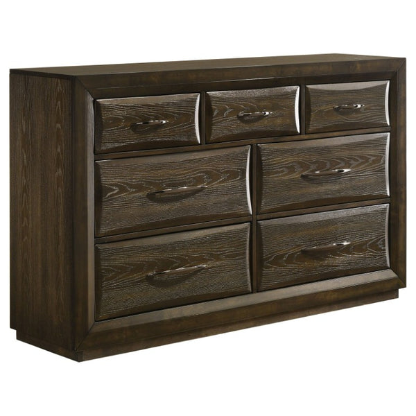 English Elm Meridian Transitional Queen Bedroom Set with Upholstered Bed Dresser and Oak Finish B2777S00238