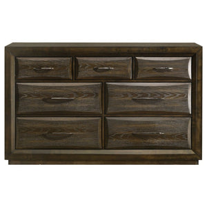 English Elm Meridian Transitional Queen Bedroom Set with Upholstered Bed Dresser and Oak Finish B2777S00238
