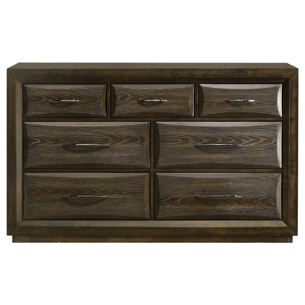 English Elm Meridian Transitional Queen Bedroom Set with Upholstered Bed Dresser and Oak Finish B2777S00238