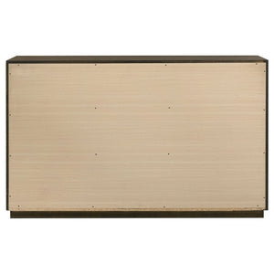 English Elm Meridian Transitional Queen Bedroom Set with Upholstered Bed Dresser and Oak Finish B2777S00238