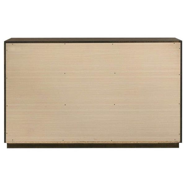 English Elm Meridian Transitional Queen Bedroom Set with Upholstered Bed Dresser and Oak Finish B2777S00238