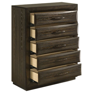 English Elm Meridian Transitional Queen Bedroom Set with Upholstered Bed Dresser and Oak Finish B2777S00238