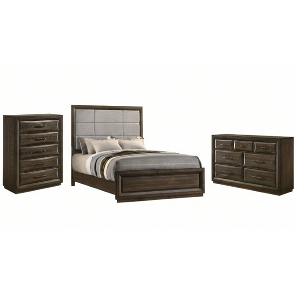 English Elm Meridian Transitional Queen Bedroom Set with Upholstered Bed Dresser and Oak Finish B2777S00238