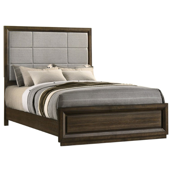 English Elm Meridian Transitional Queen Bedroom Set with Upholstered Bed Dresser and Oak Finish B2777S00238