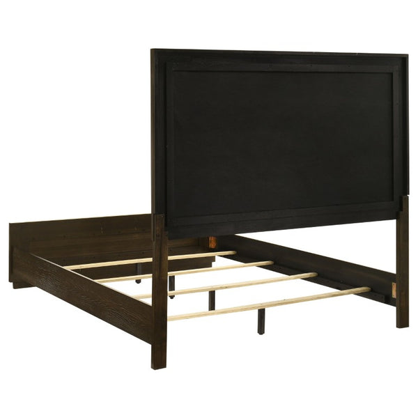 English Elm Meridian Transitional Queen Bedroom Set with Upholstered Bed Dresser and Oak Finish B2777S00238