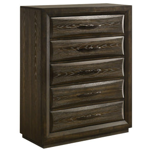 English Elm Meridian Transitional Queen Bedroom Set with Upholstered Bed Dresser and Oak Finish B2777S00238