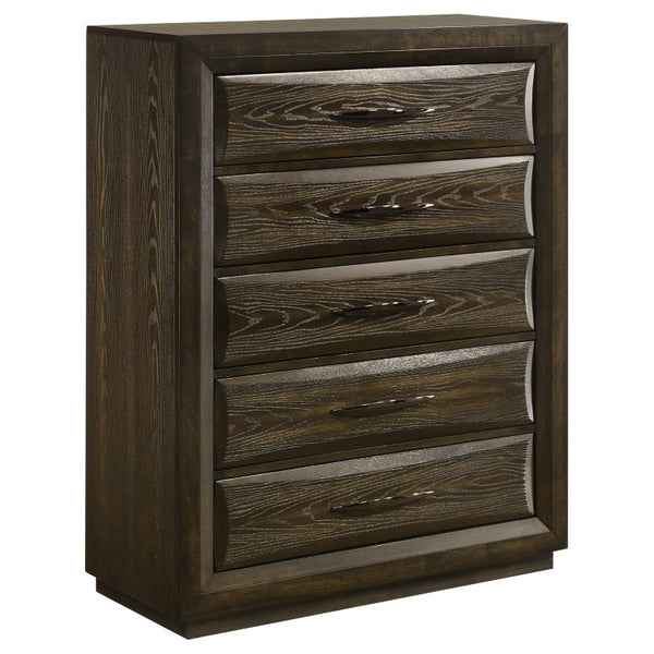 English Elm Meridian Transitional Queen Bedroom Set with Upholstered Bed Dresser and Oak Finish B2777S00238