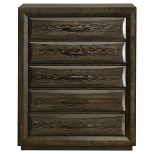 English Elm Meridian Transitional Queen Bedroom Set with Upholstered Bed Dresser and Oak Finish B2777S00238